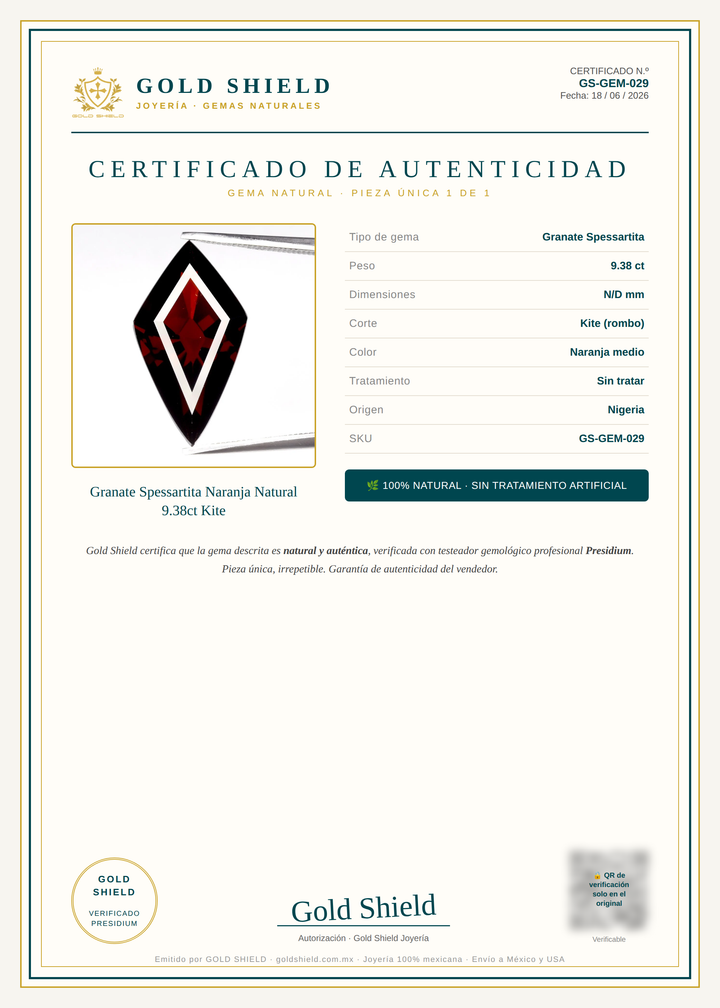 Certificado de Autenticidad Gold Shield - Granate Spessartita Naranja Natural 9.38ct Kite