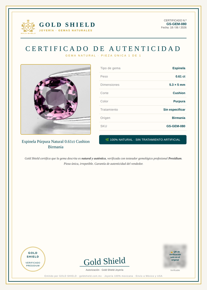 Certificado de Autenticidad Gold Shield - Espinela Púrpura Natural 0.61ct Cushion Birmania