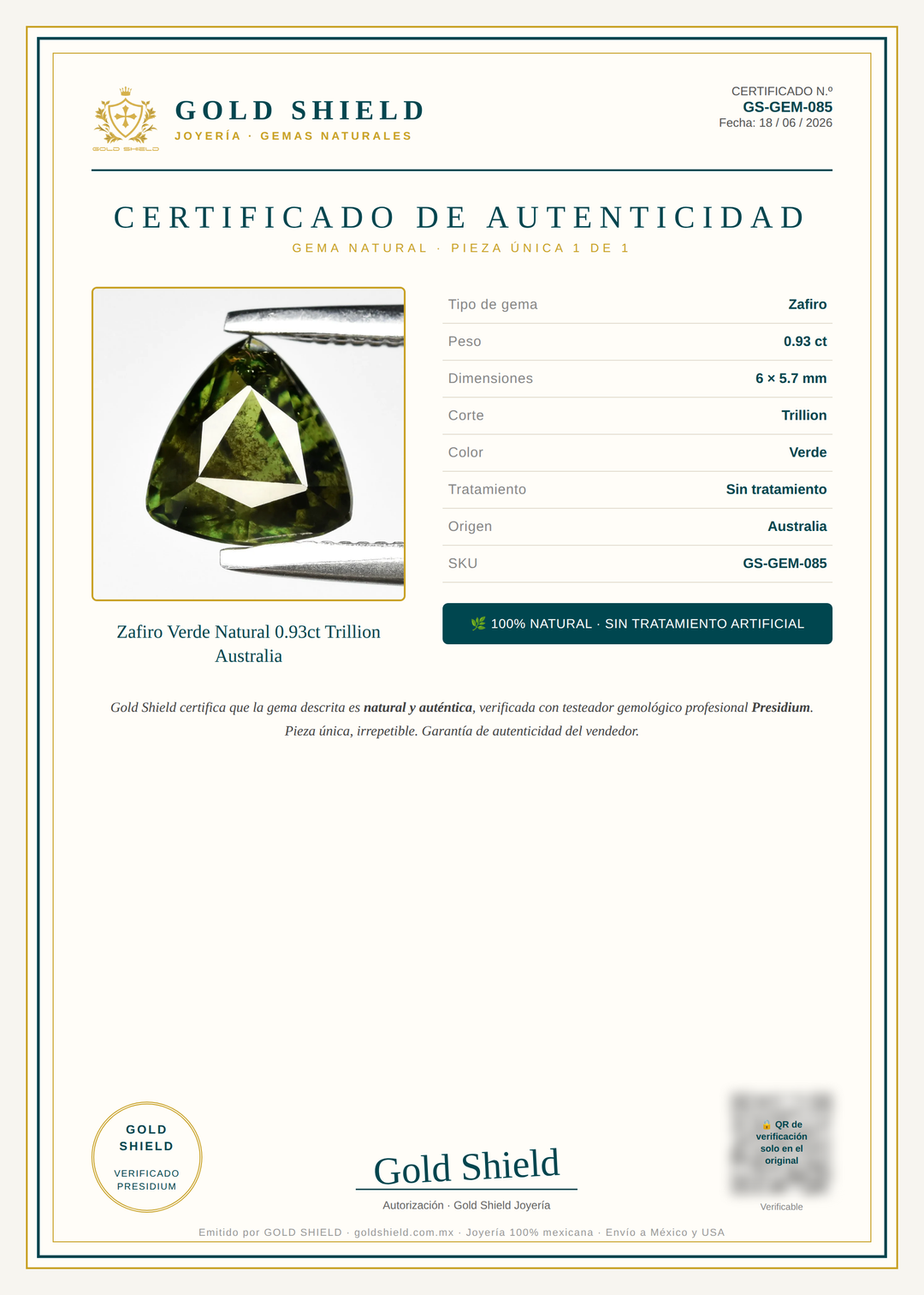 Certificado de Autenticidad Gold Shield - Zafiro Verde Natural 0.93ct Trillion Australia