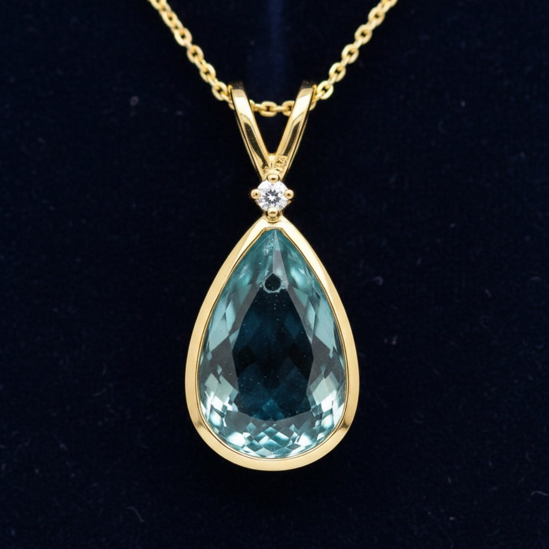 Dije Oro 14k con Zircon Azul Briolette Camboya 2.24ct - Pieza , joyería mexicana Gold Shield