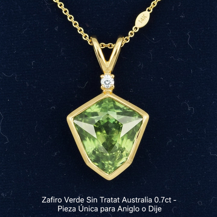 Dije Oro 14k con Zafiro Verde Sin Tratar Australia 0.7ct - Pie, joyería mexicana Gold Shield
