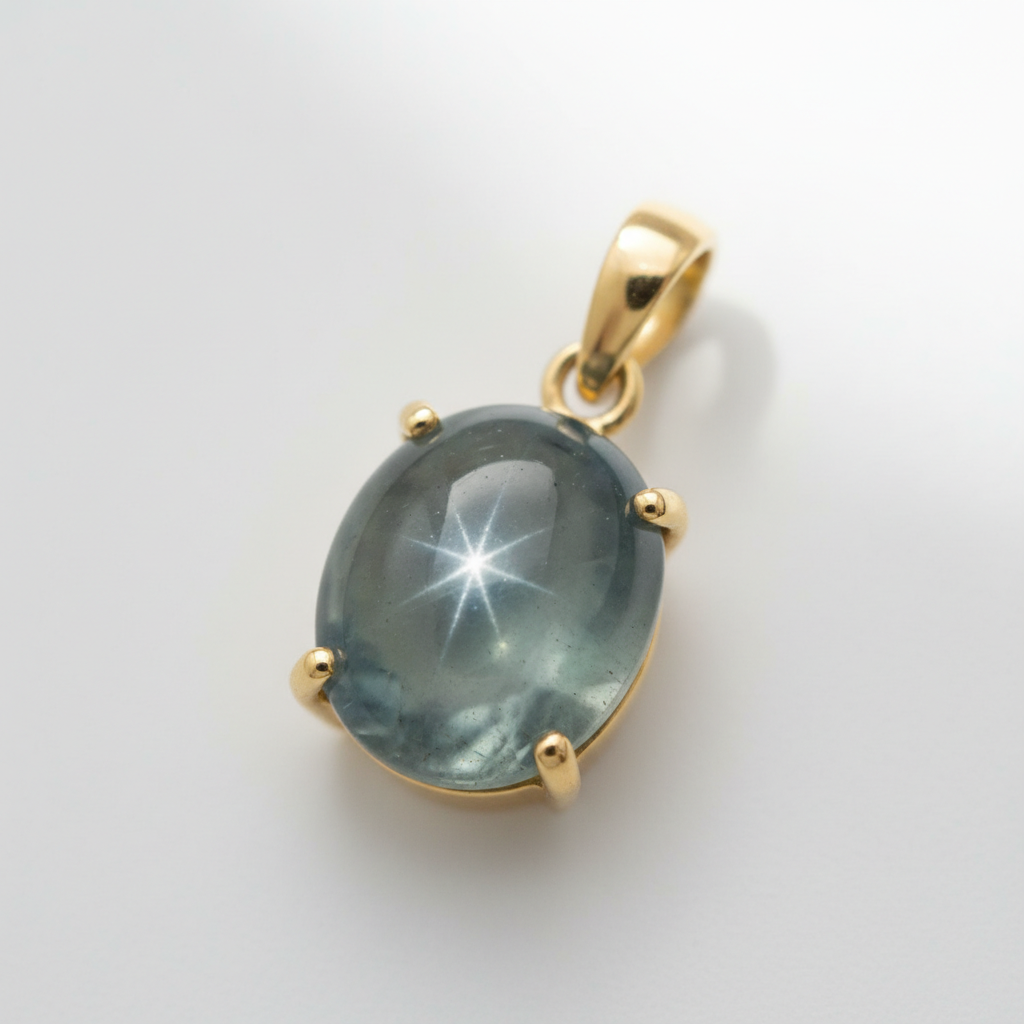 Dije Oro 14k con Zafiro Estrella Azul Verde 0.68ct Corte Cabuchón Oval - GS-GEM-079 - Gold Shield Mexico