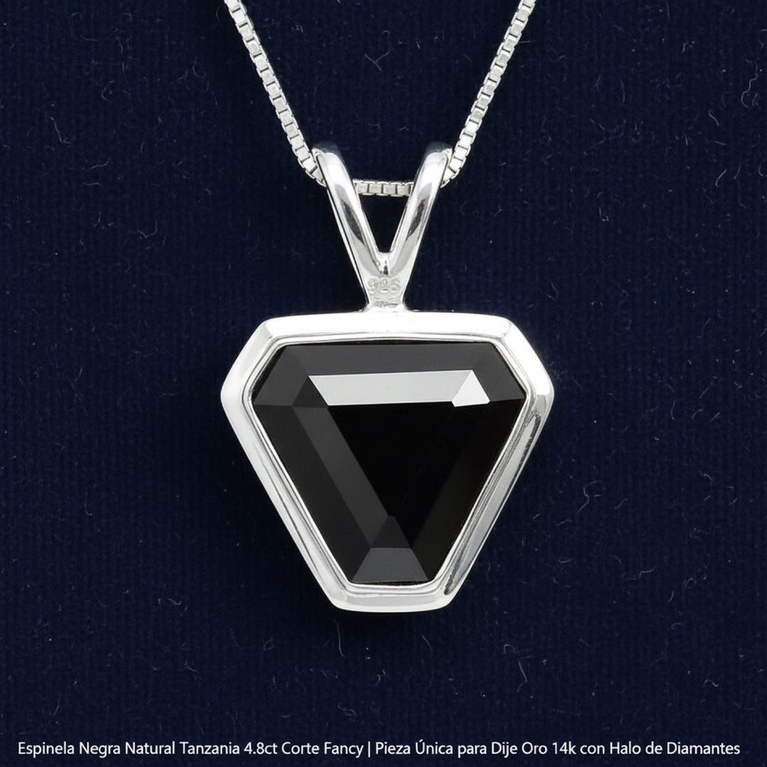 Dije Plata 925 con Espinela Negra Natural Tanzania 4.8ct Corte F, joyería mexicana Gold Shield