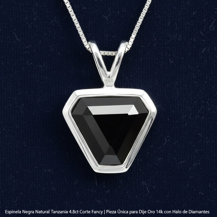 Dije Plata 925 con Espinela Negra Natural Tanzania 4.8ct Corte F, joyería mexicana Gold Shield
