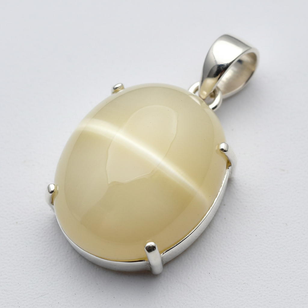 Dije Plata 925 con Piedra de Luna Ojo de Gato Amarillo 9.0ct Corte Cabuchón Oval Africa - GS-GEM-077 - Gold Shield Mexico