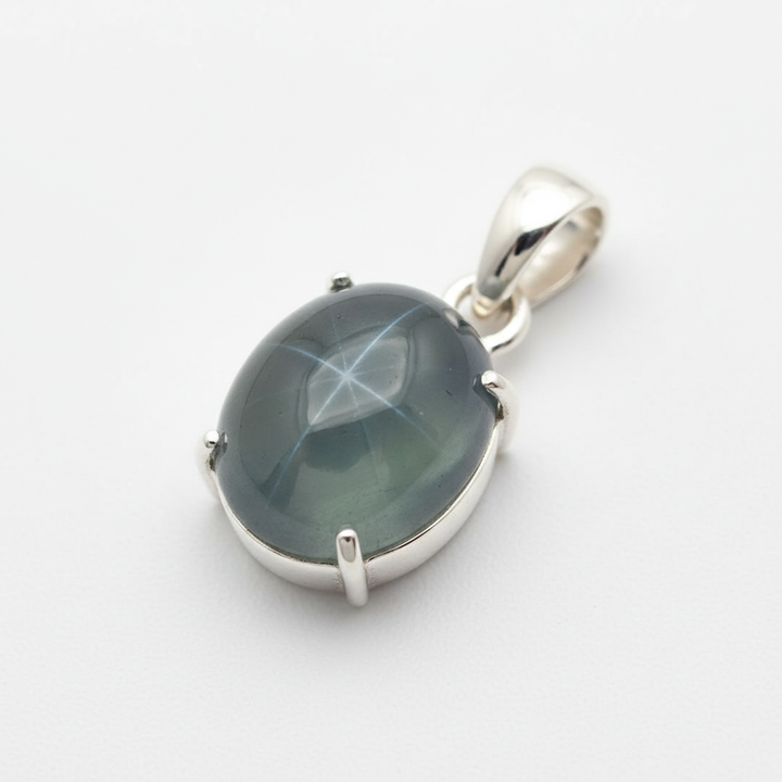 Dije Plata 925 con Zafiro Estrella Azul Verde 0.68ct Corte Cabuchón Oval - GS-GEM-079 - Gold Shield Mexico