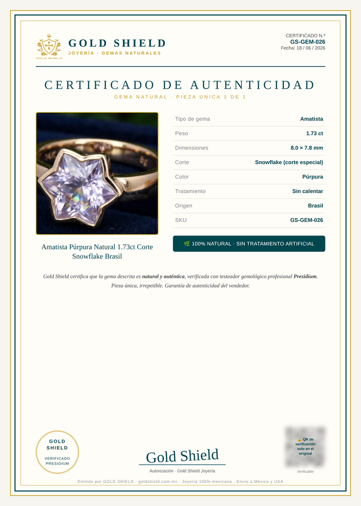 Certificado de Autenticidad Gold Shield - Amatista Púrpura Natural 1.73ct Corte Snowflake Brasil