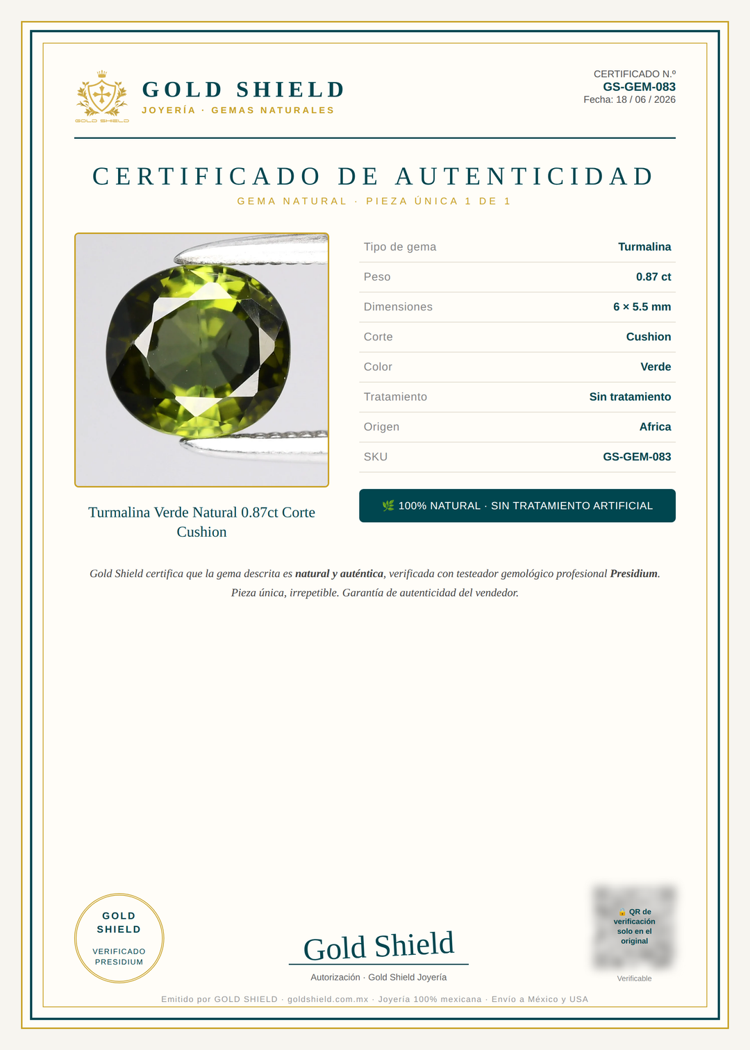 Certificado de Autenticidad Gold Shield - Turmalina Verde Natural 0.87ct Corte Cushion