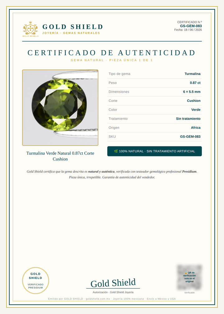 Certificado de Autenticidad Gold Shield - Turmalina Verde Natural 0.87ct Corte Cushion