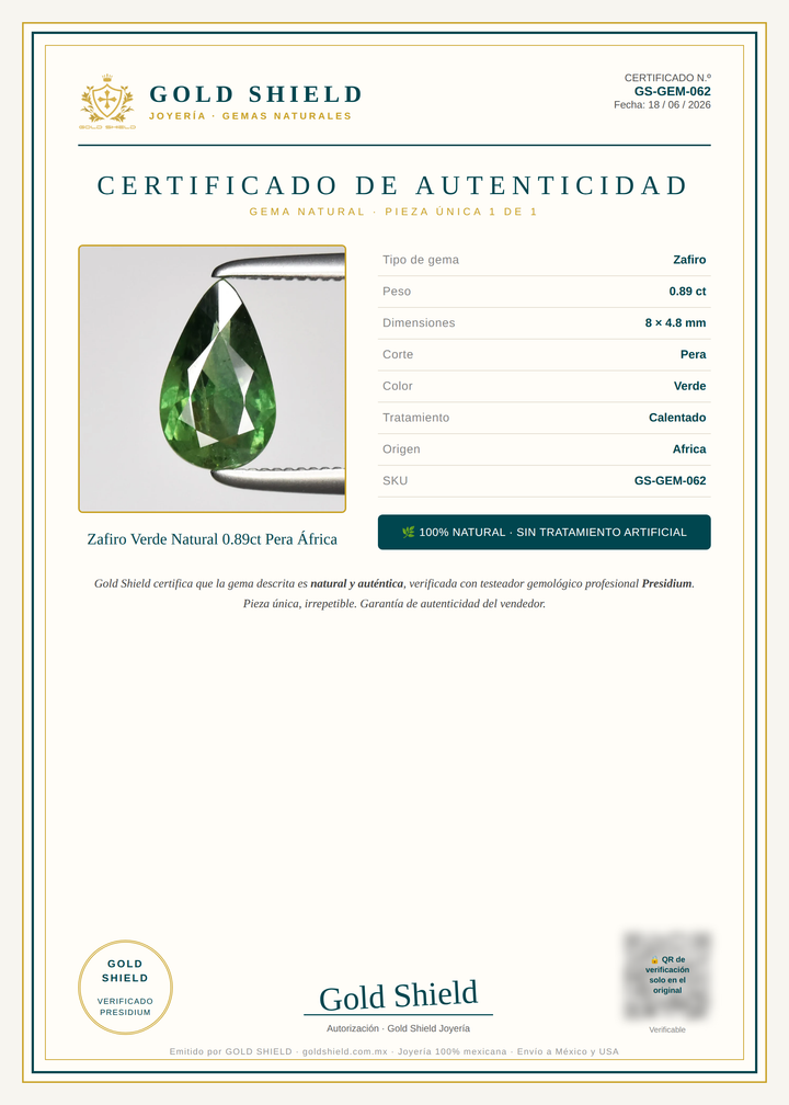 Certificado de Autenticidad Gold Shield - Zafiro Verde Natural 0.89ct Pera África