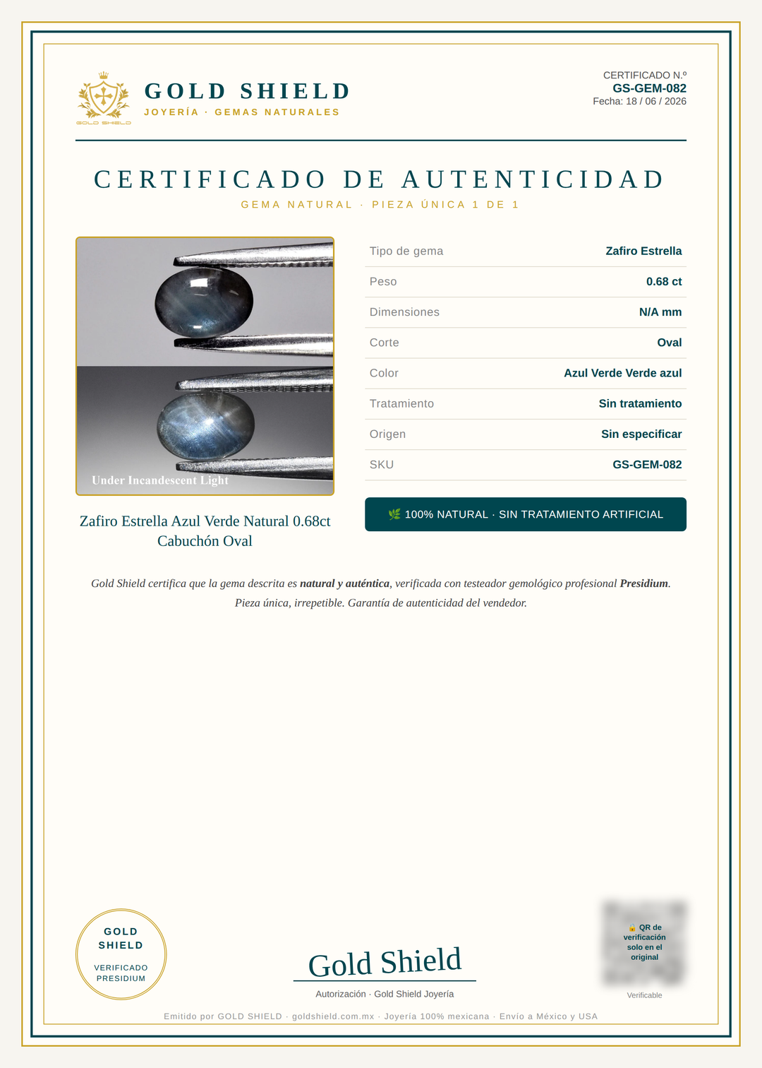 Certificado de Autenticidad Gold Shield - Zafiro Estrella Azul Verde Natural 0.68ct Cabuchón Oval