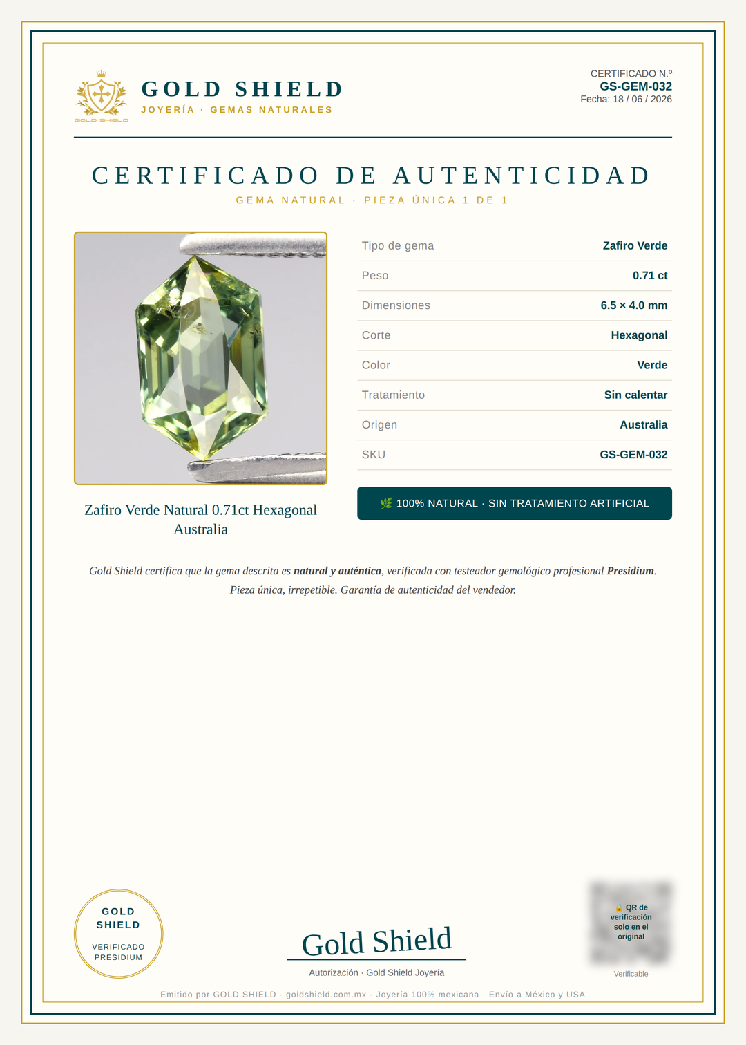 Certificado de Autenticidad Gold Shield - Zafiro Verde Natural 0.71ct Hexagonal Australia