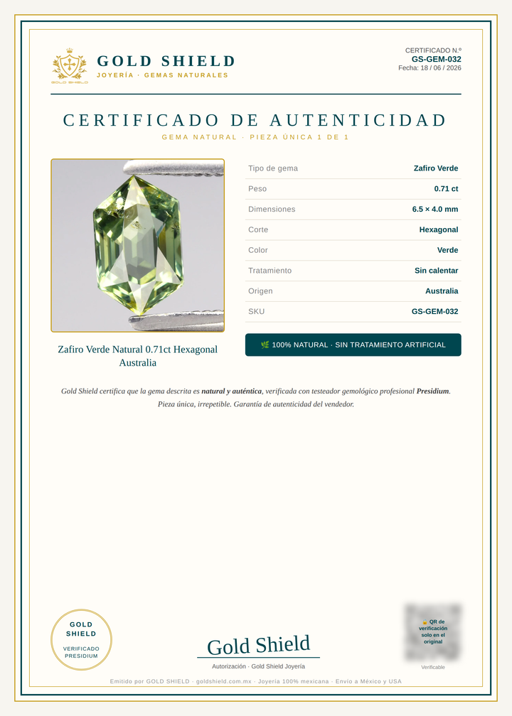 Certificado de Autenticidad Gold Shield - Zafiro Verde Natural 0.71ct Hexagonal Australia