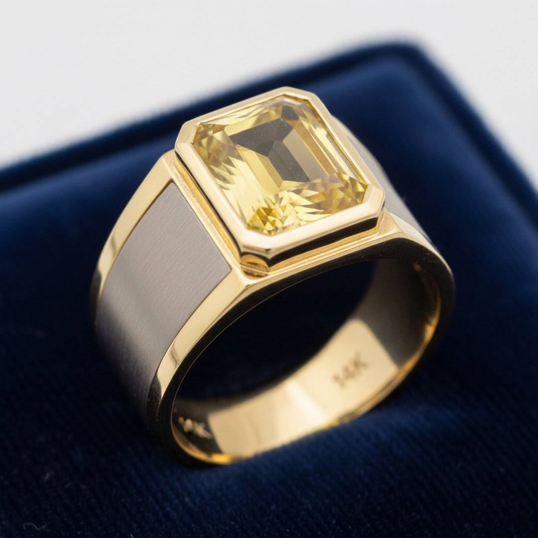 anillo de hombre de oro 14k con escapolita amarillo natural 3.83ct corte scissor de Tanzania, joyería mexicana Gold Shield