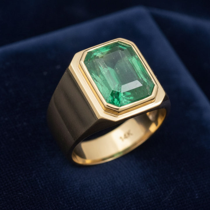 anillo de hombre de oro 14k con esmeralda verde natural 3.13ct corte octagono, joyería mexicana Gold Shield