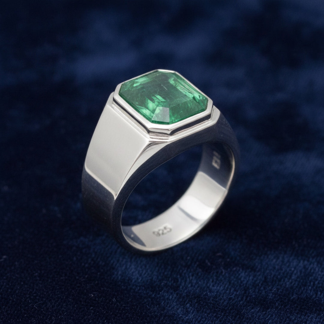 anillo de hombre de plata 925 con esmeralda verde natural 3.13ct corte octagono, joyería mexicana Gold Shield