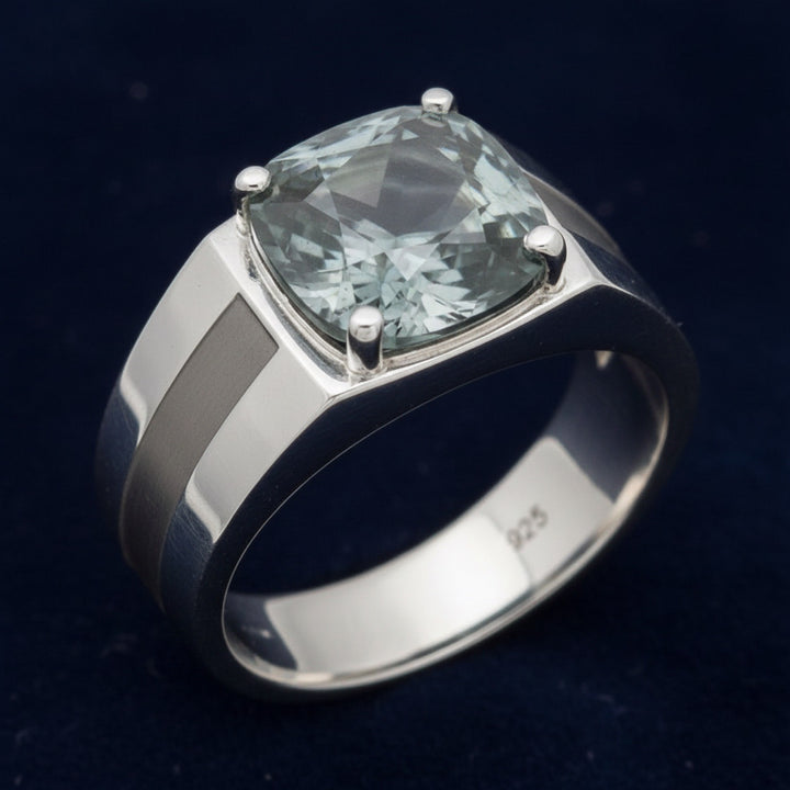 anillo de hombre de plata 925 con espinela acero gris azul natural 1.30ct corte cushion de Myanmar, joyería mexicana Gold Shi