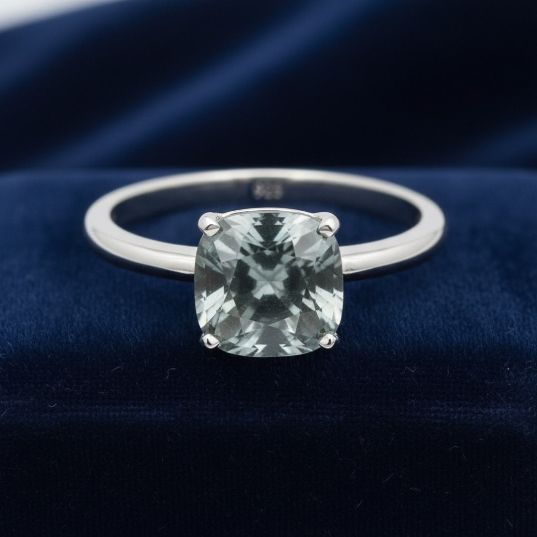 anillo de plata 925 con espinela acero gris azul natural 1.30ct corte cushion de Myanmar, joyería mexicana Gold Shield