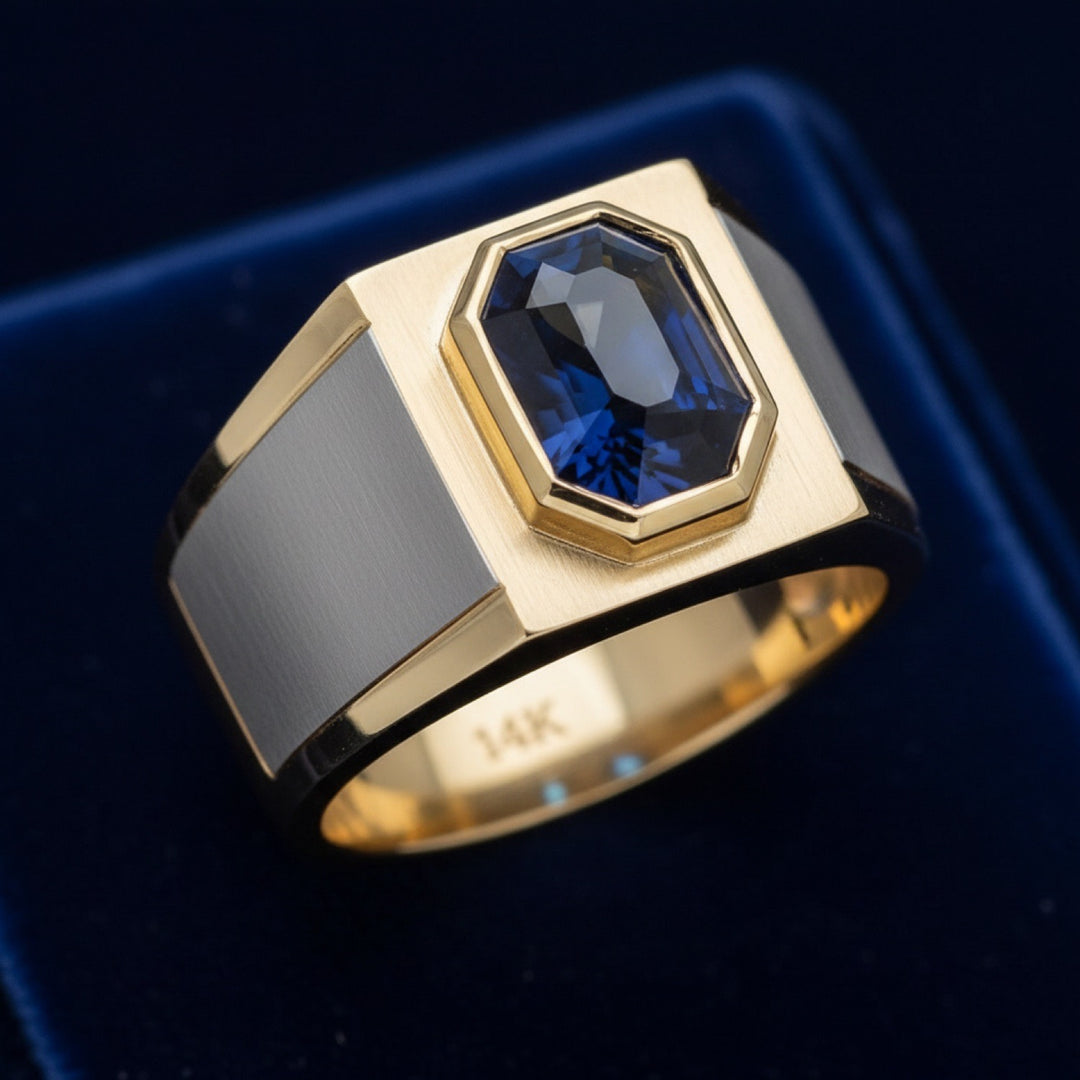 anillo de hombre de oro 14k con espinela azul profundo natural 1.21ct corte fancy de Tanzania, joyería mexicana Gold Shield