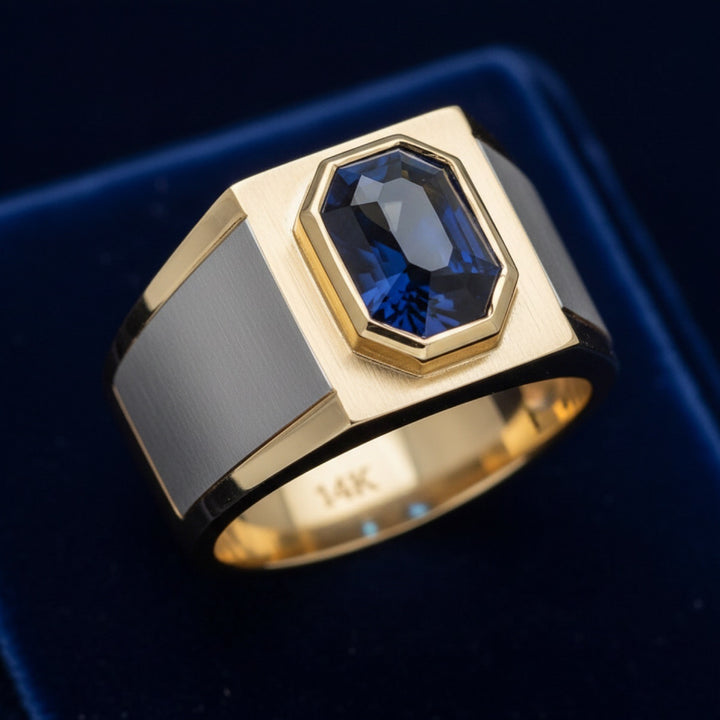 anillo de hombre de oro 14k con espinela azul profundo natural 1.21ct corte fancy de Tanzania, joyería mexicana Gold Shield