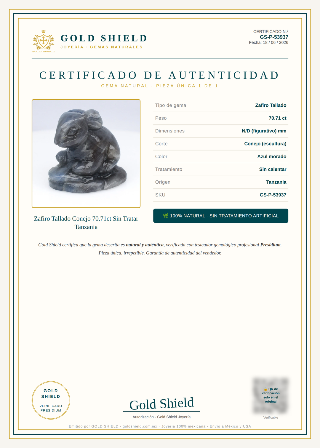 Certificado de Autenticidad Gold Shield - Zafiro Tallado Conejo 70.71ct Sin Tratar Tanzania