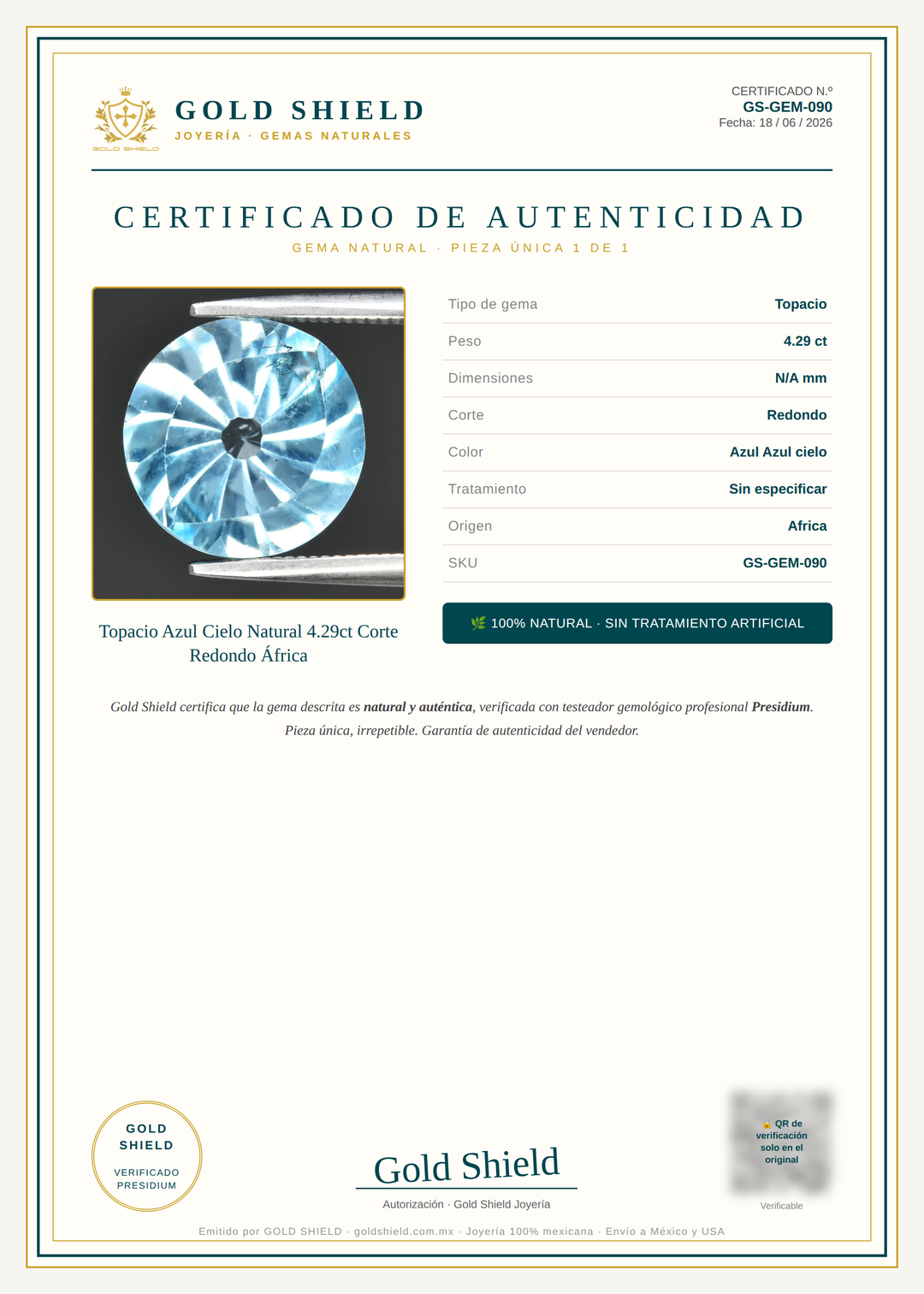 Certificado de Autenticidad Gold Shield - Topacio Azul Cielo Natural 4.29ct Corte Redondo África