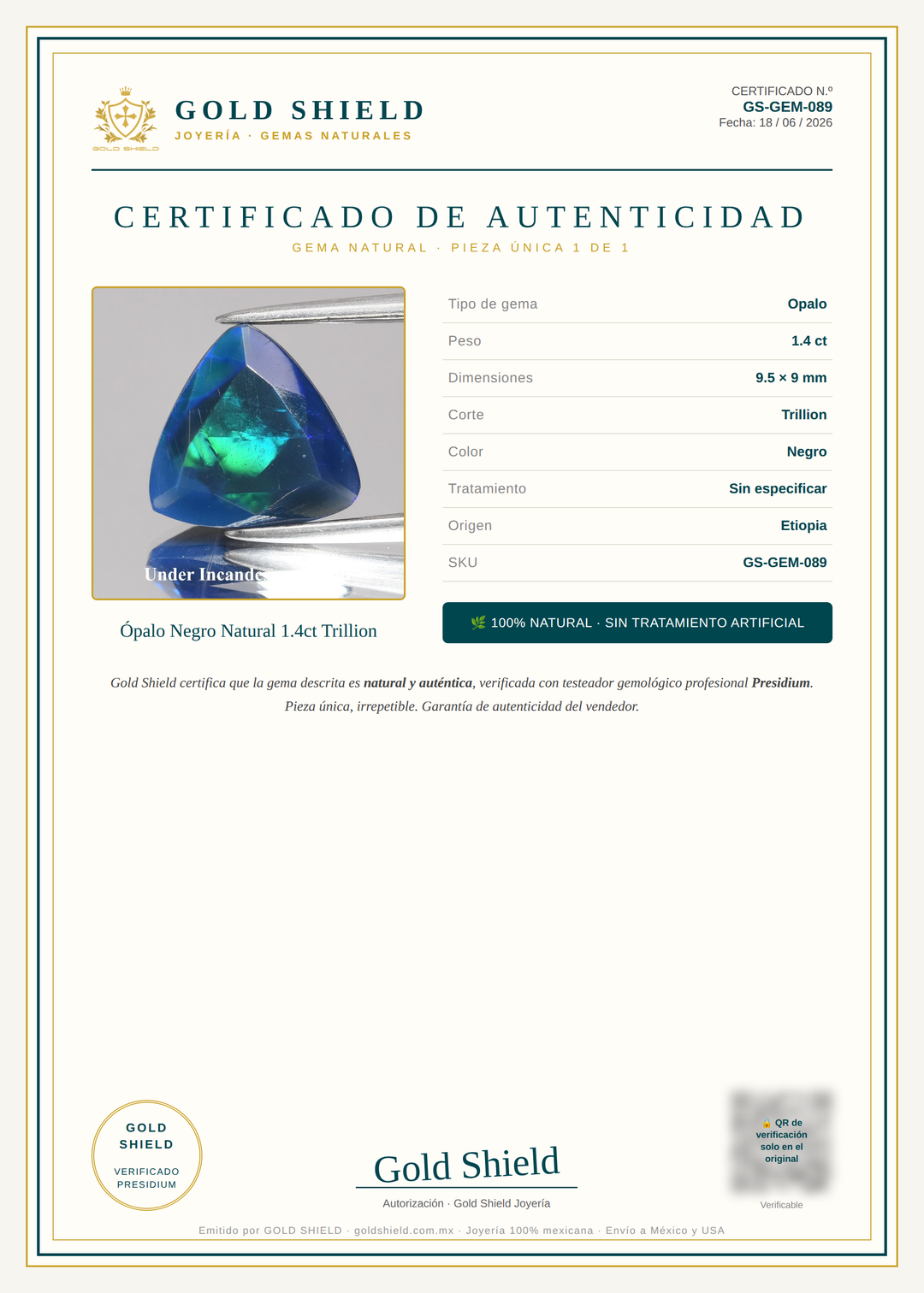 Certificado de Autenticidad Gold Shield - Ópalo Negro Natural 1.4ct Trillion