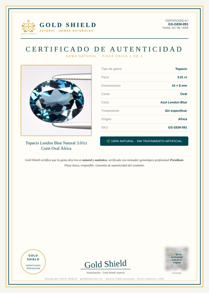 Certificado de Autenticidad Gold Shield - Topacio London Blue Natural 3.01ct Corte Oval África