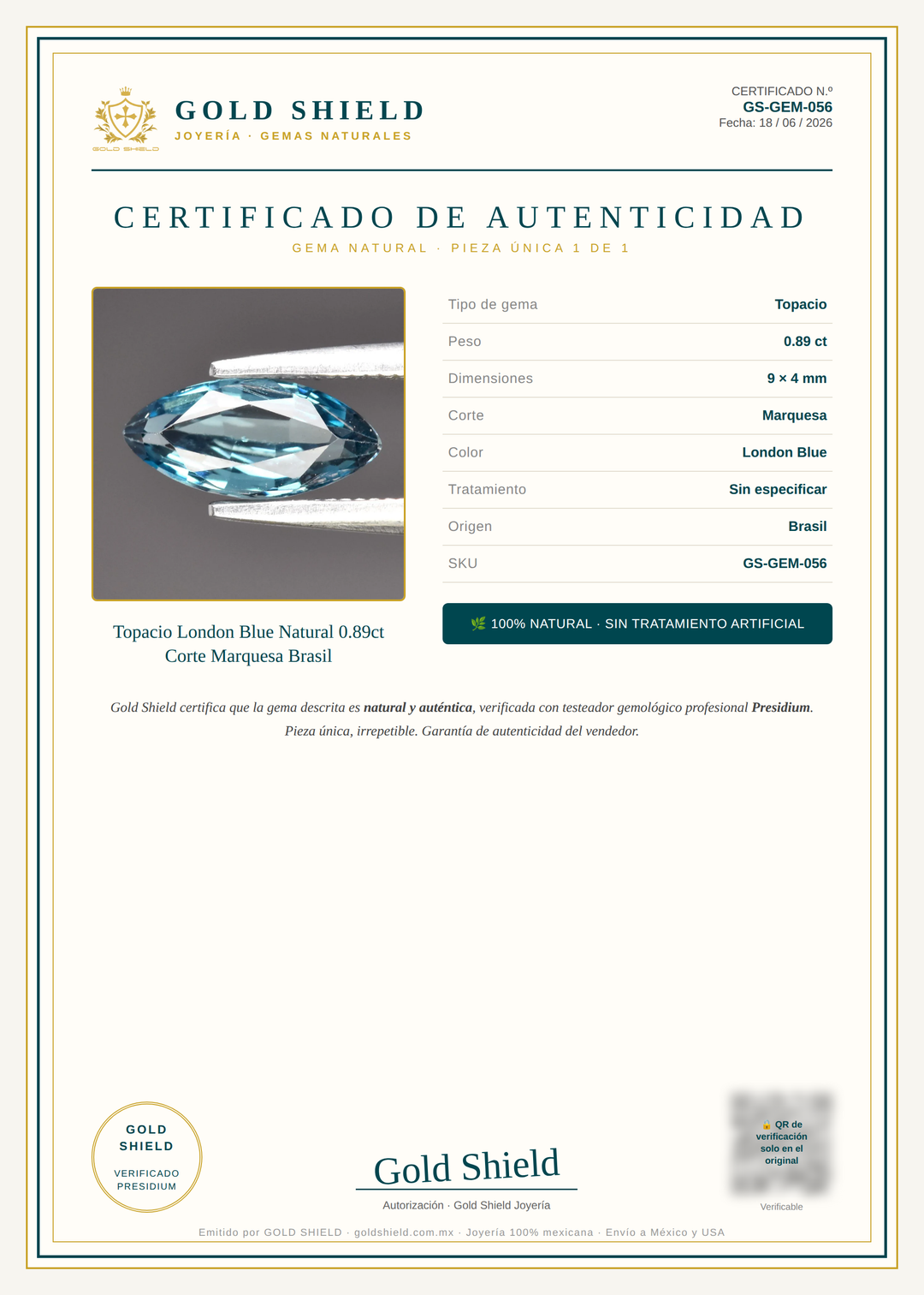 Certificado de Autenticidad Gold Shield - Topacio London Blue Natural 0.89ct Corte Marquesa Brasil