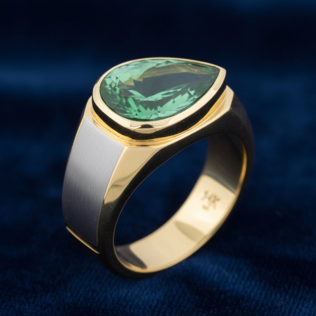 anillo de hombre de oro 14k con fluorita verde natural 5.70ct corte pera de Sin especificar, joyería mexicana Gold Shield