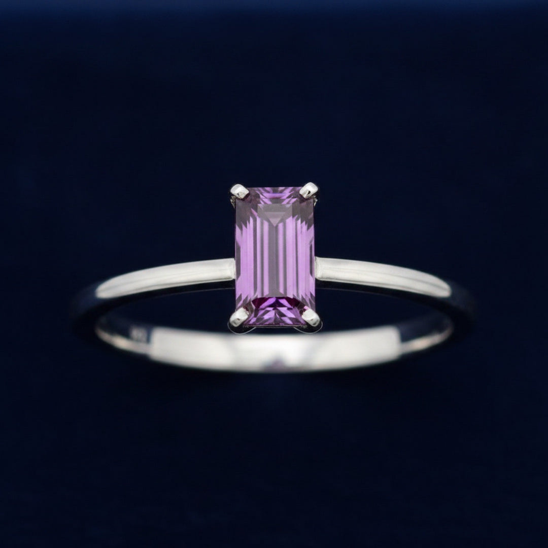 anillo plata 925 con granate rhodolita purpura neon natural 1.08ct corte baguette, joyería mexicana Gold Shield