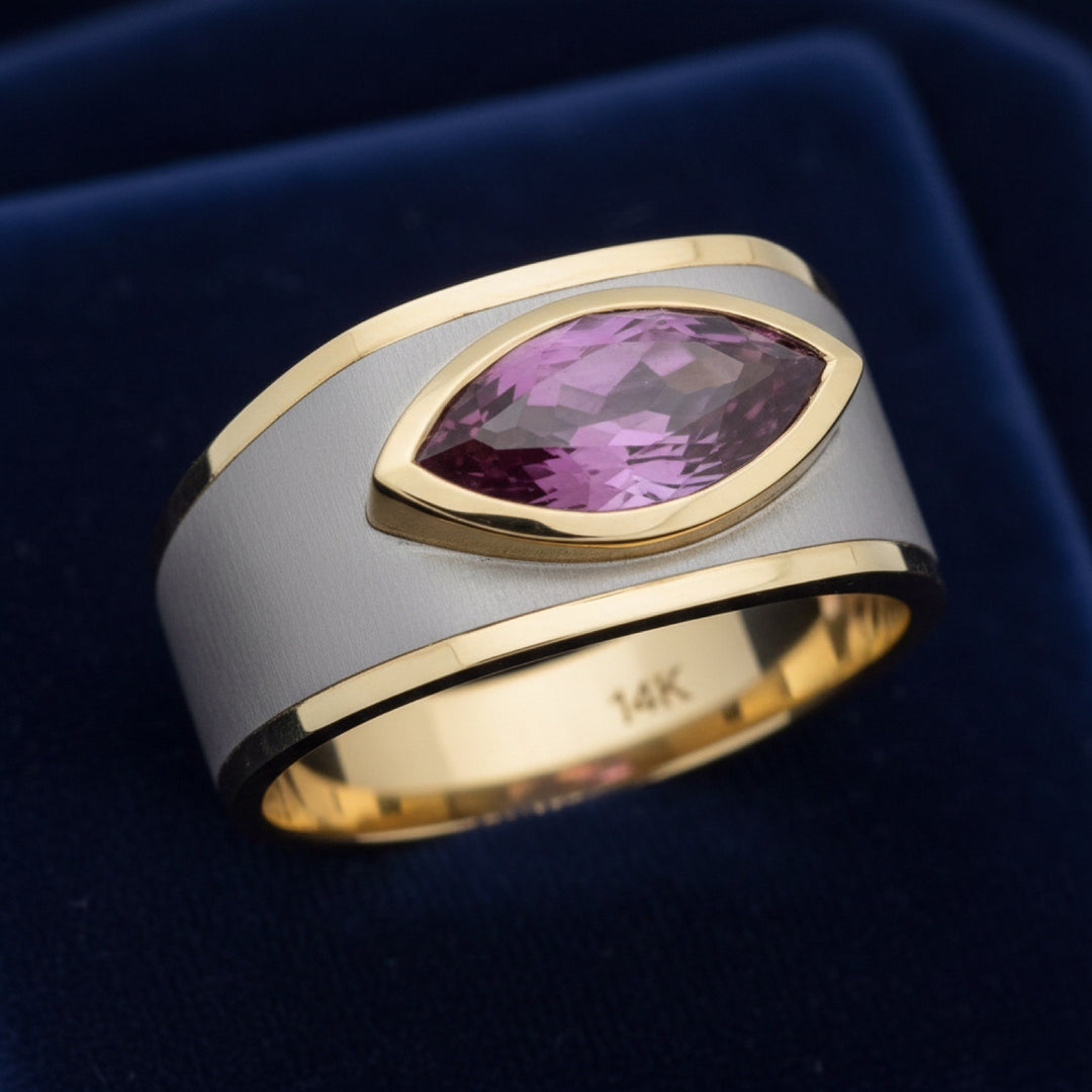 anillo de hombre de oro 14k con granate rhodolita purpureo rosa natural 0.88ct corte marquesa de Tanzania, joyería mexicana G