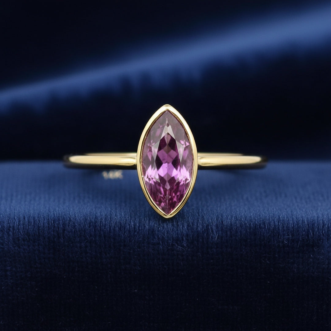 anillo de oro 14k con granate rhodolita purpureo rosa natural 0.88ct corte marquesa de Tanzania, joyería mexicana Gold Shield