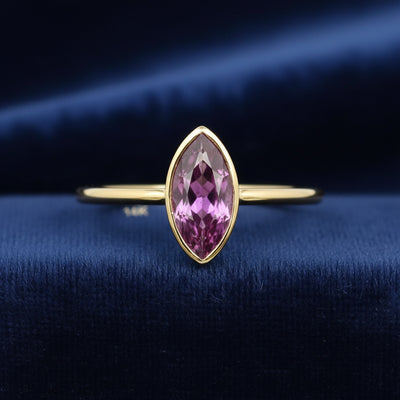 anillo de oro 14k con granate rhodolita purpureo rosa natural 0.88ct corte marquesa de Tanzania, joyería mexicana Gold Shield