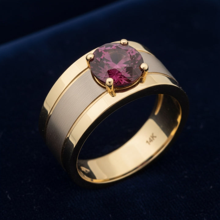 anillo de hombre de oro 14k con granate rhodolita purpureo rosa natural 1.29ct corte redonda de Africa, joyería mexicana Gold