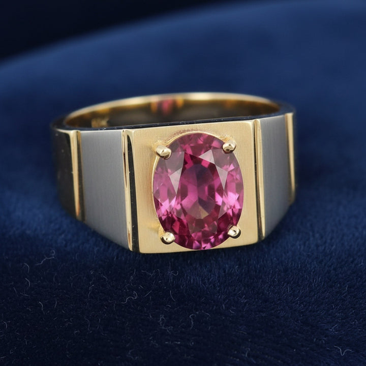 anillo de hombre de oro 14k con granate rhodolita purpureo rosa natural 2.17ct corte oval de Africa, joyería mexicana Gold Sh