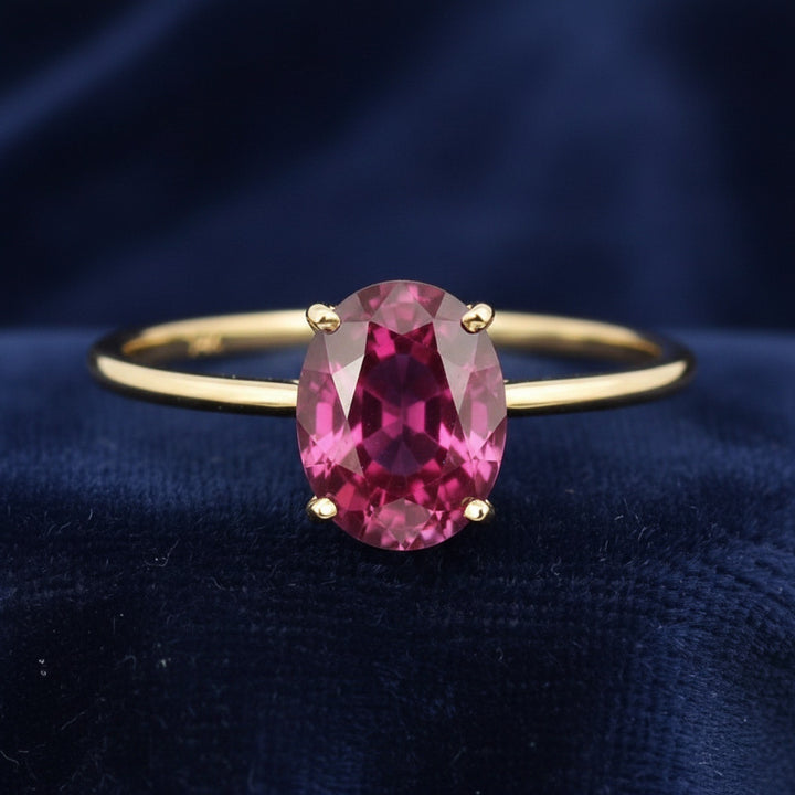 anillo de oro 14k con granate rhodolita purpureo rosa natural 2.17ct corte oval de Africa, joyería mexicana Gold Shield