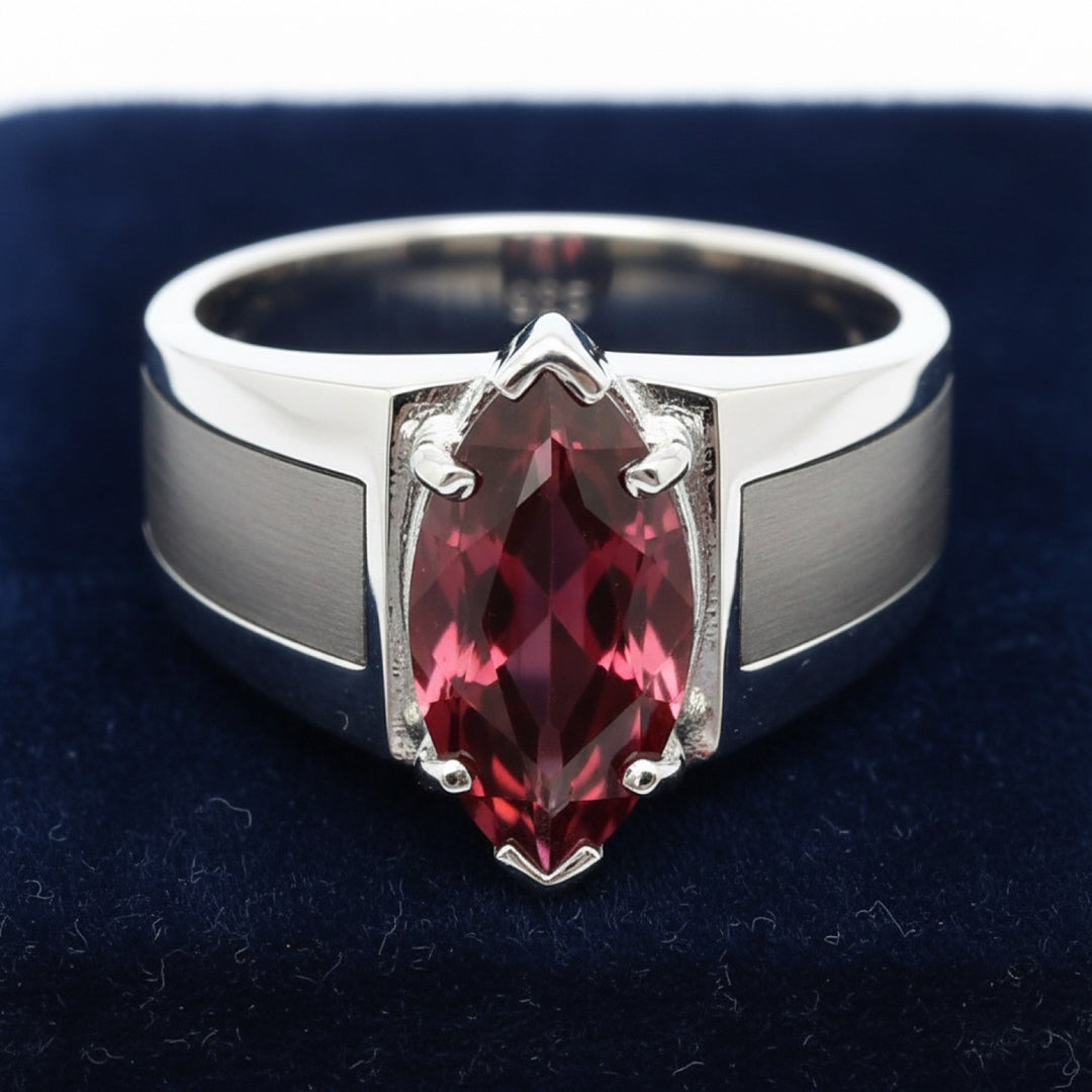 anillo de hombre de plata 925 con granate rhodolita rojizo rosa natural 5.09ct corte marquesa de Tanzania, joyería mexicana G