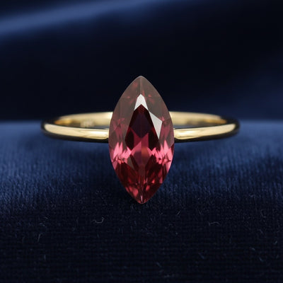anillo de oro 14k con granate rhodolita rojizo rosa natural 5.09ct corte marquesa de Tanzania, joyería mexicana Gold Shield