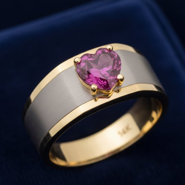 anillo de hombre de oro 14k con granate rhodolita rosa purpura natural 0.92ct corte corazon, joyería mexicana Gold Shield