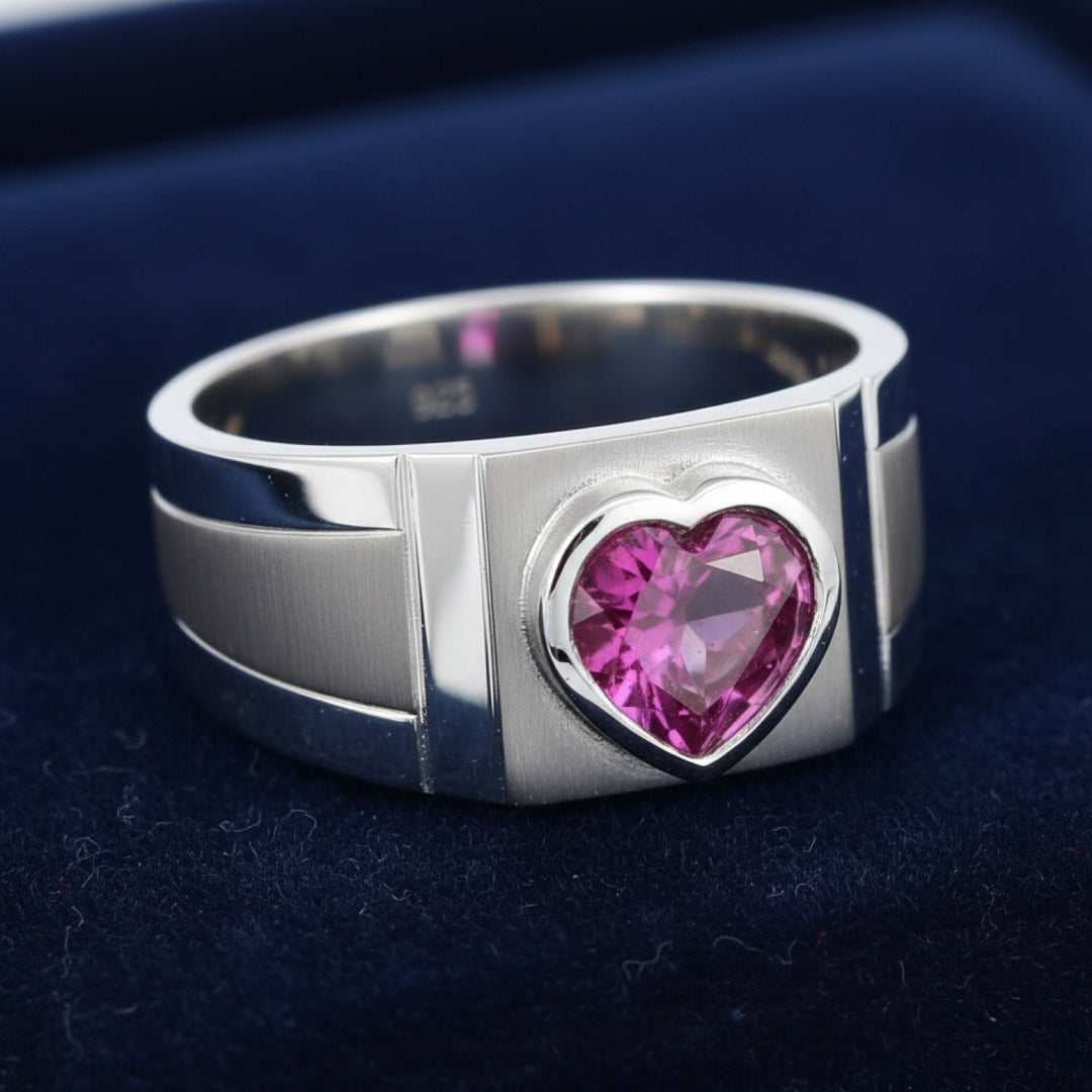 anillo de hombre de plata 925 con granate rhodolita rosa purpura natural 0.92ct corte corazon, joyería mexicana Gold Shield