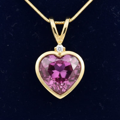 dije oro 14k con granate rhodolita rosa purpura natural 0.92ct corte corazon, joyería mexicana Gold Shield