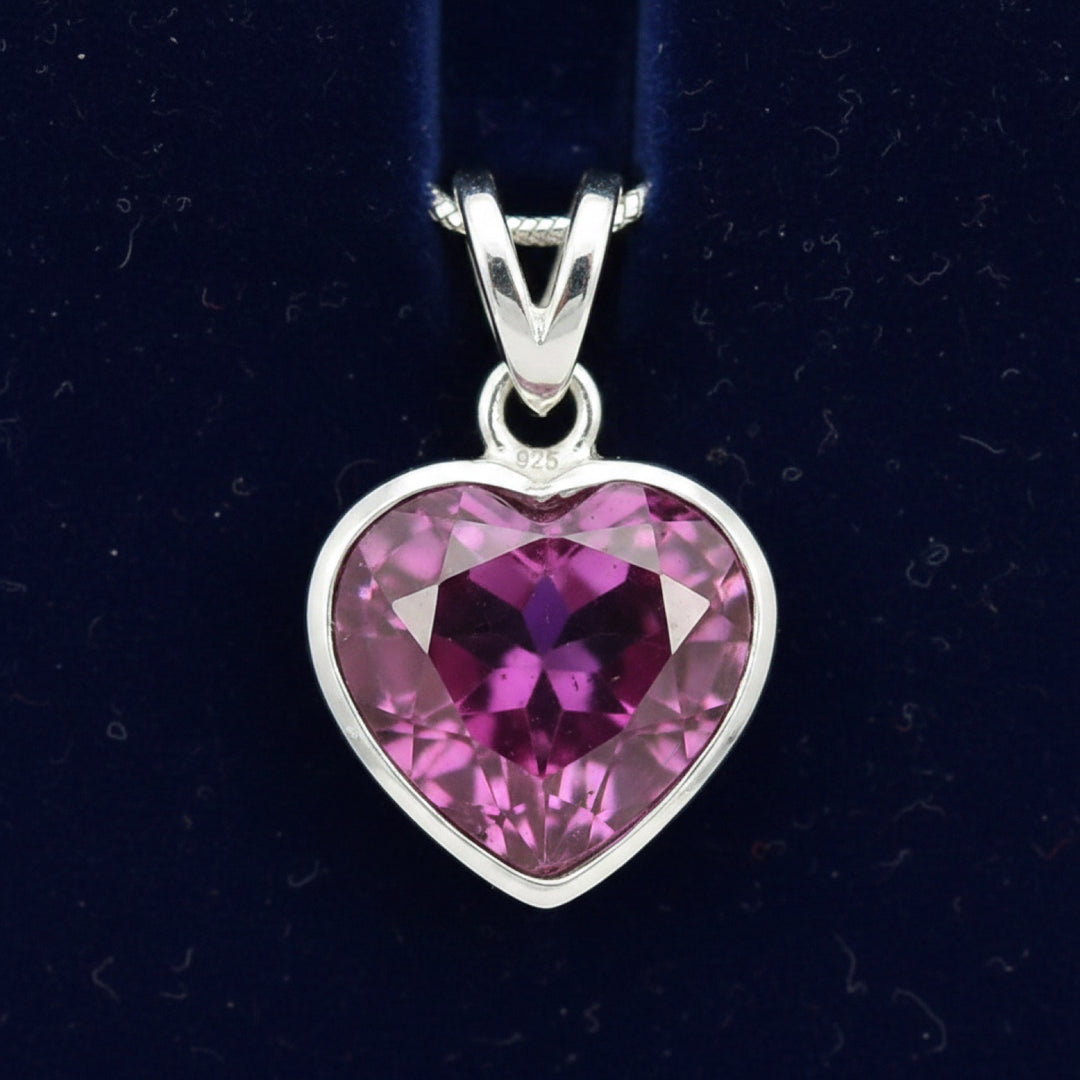 dije plata 925 con granate rhodolita rosa purpura natural 0.92ct corte corazon, joyería mexicana Gold Shield