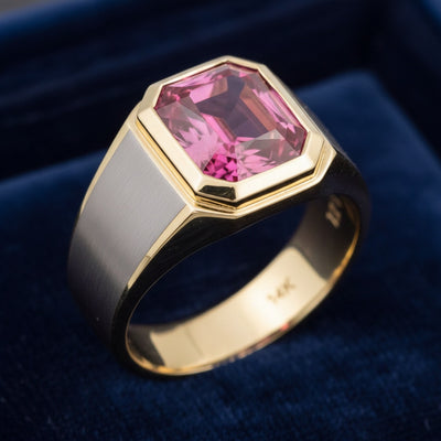 anillo de hombre de oro 14k con granate rhodolita rosa purpúreo natural 2.59ct corte octagonal brillante de Tanzania, joyería