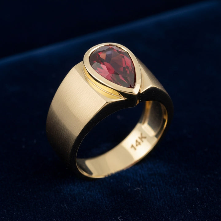 anillo de hombre de oro 14k con granate rhodolita rosado rojo natural 3.48ct corte pera de Africa, joyería mexicana Gold Shie