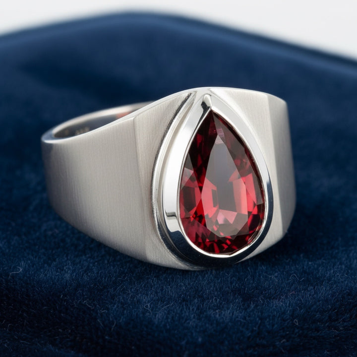 anillo de hombre de plata 925 con granate rhodolita rosado rojo natural 3.48ct corte pera de Africa, joyería mexicana Gold Sh