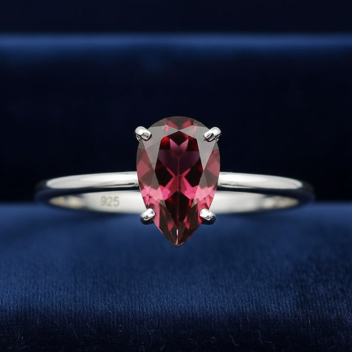 anillo de plata 925 con granate rhodolita rosado rojo natural 3.48ct corte pera de Africa, joyería mexicana Gold Shield