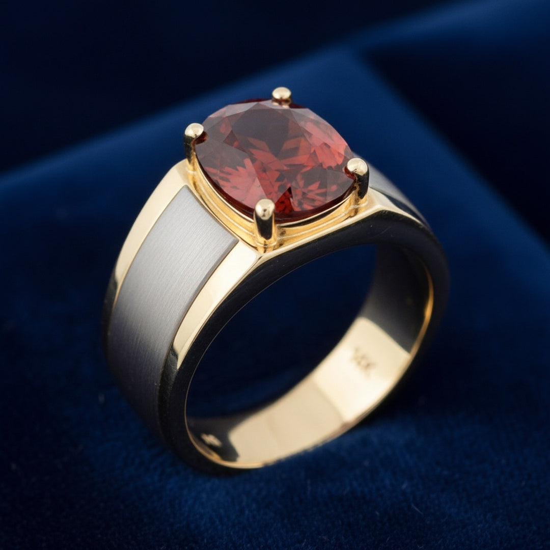 anillo de hombre de oro 14k con granate rojizo naranja natural 3.85ct corte oval, joyería mexicana Gold Shield