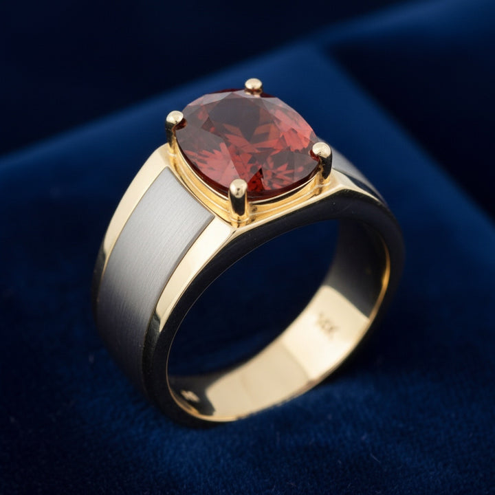 anillo de hombre de oro 14k con granate rojizo naranja natural 3.85ct corte oval, joyería mexicana Gold Shield