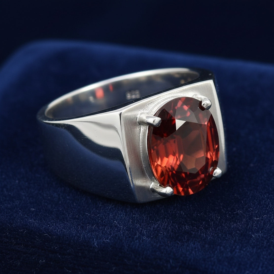 anillo de hombre de plata 925 con granate rojizo naranja natural 3.85ct corte oval, joyería mexicana Gold Shield